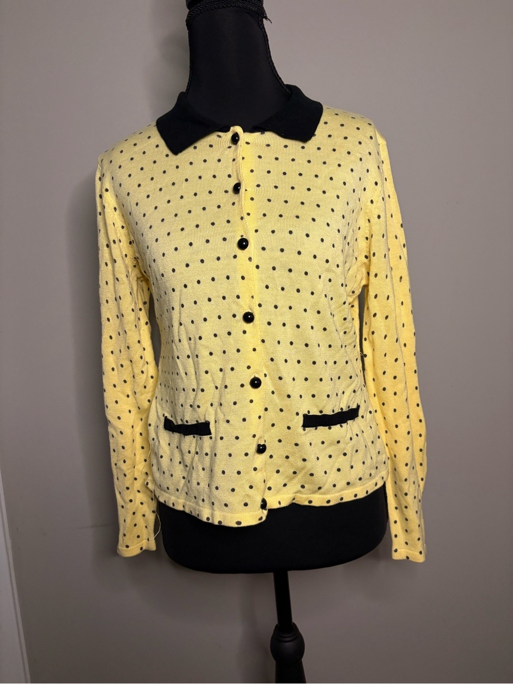 Requirements Yellow Polka Dot Crewneck Cardigan with Black Trim